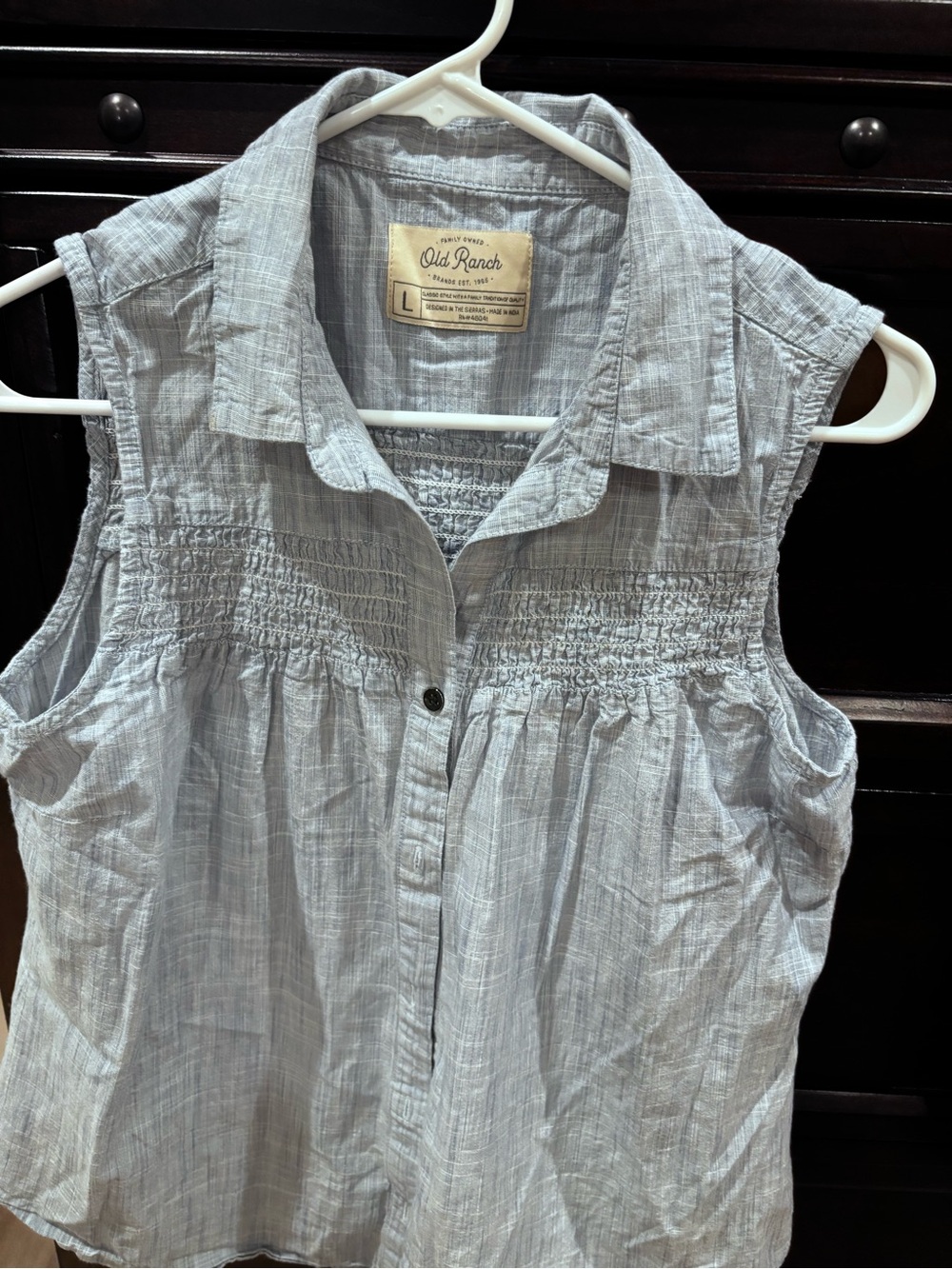 Light Blue Sleeveless Smocked Button-Front Shirt